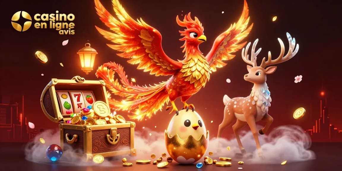 Illustration dynamique avec un phoenix de feu, un oeuf doré et des éléments d'avis sur les casinos en ligne.