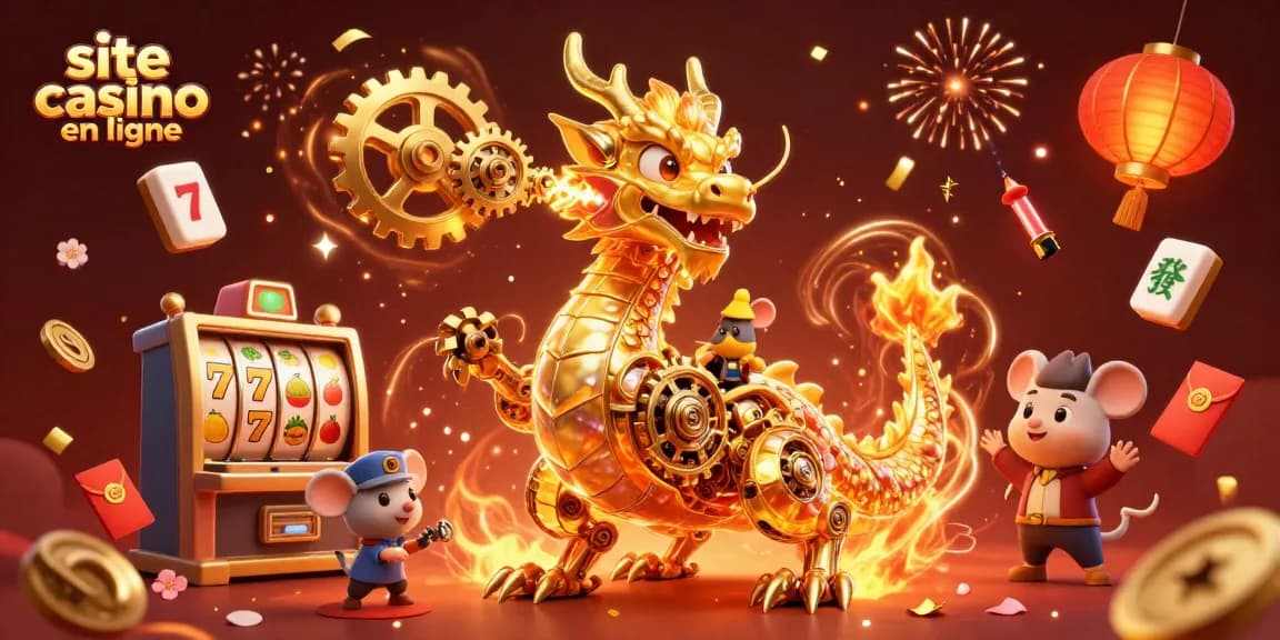 Découvrez une illustration 3D riche qui représente le site casino en ligne avec un dragon doré et des éléments de jeu.
