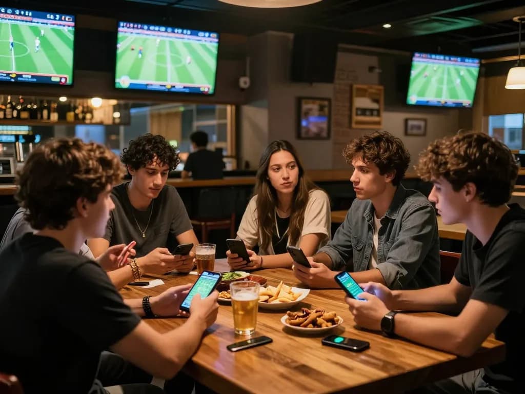 KQBD users placing bets on smartphones during a live football match at a buzzing sports bar.