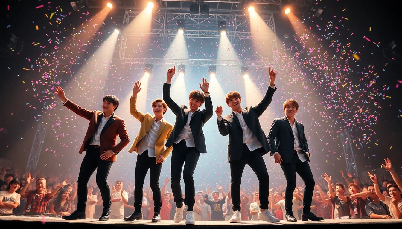 Experience the latest bts news with BTS performing live on stage surrounded by enthusiastic fans and colorful confetti.