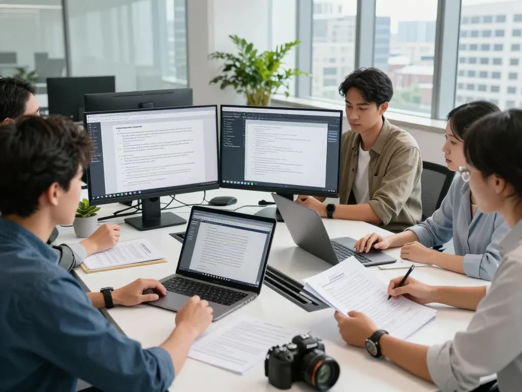 高效团队在现代办公室中与有道词典合作进行多语言翻译。