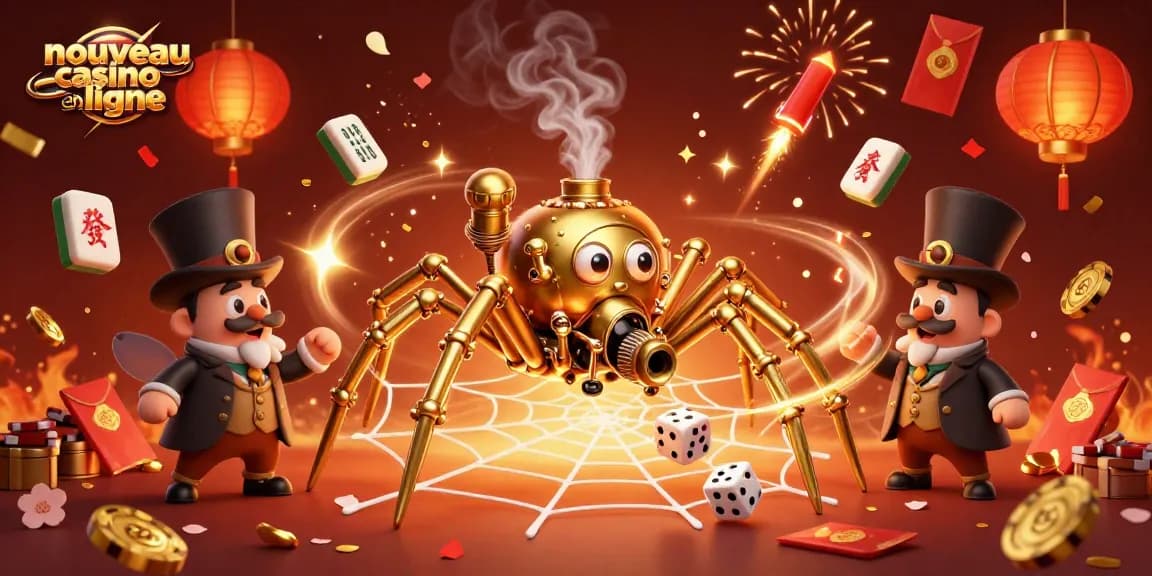 Découvrez le nouveau casino en ligne avec une araignée dorée tissant une toile de jetons et dés, ambiance festive.