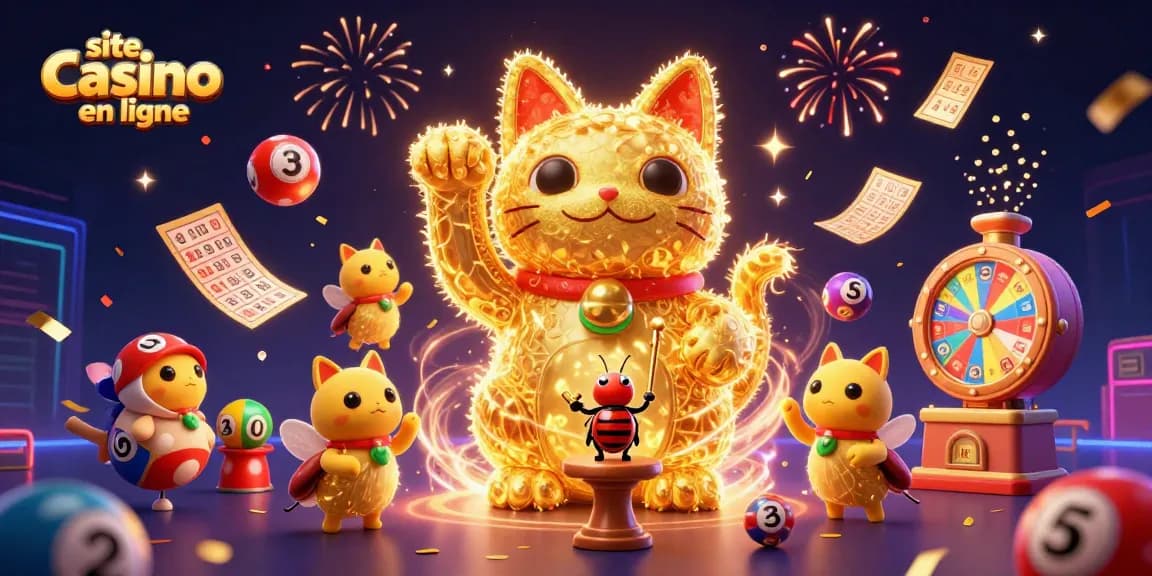 Jouer sur un site casino en ligne avec une illustration de feux follets dorés représentant un chat porte-bonheur.