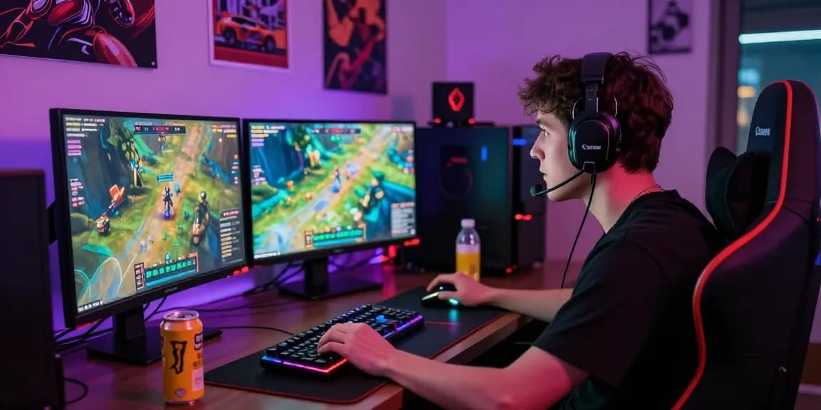 Player engaged in rokok88 gaming session with multiple monitors and vibrant lights.
