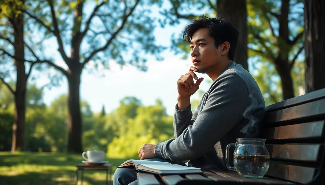 Anxiety symptoms manifest in a person seated calmly in nature, reflecting on their emotions.