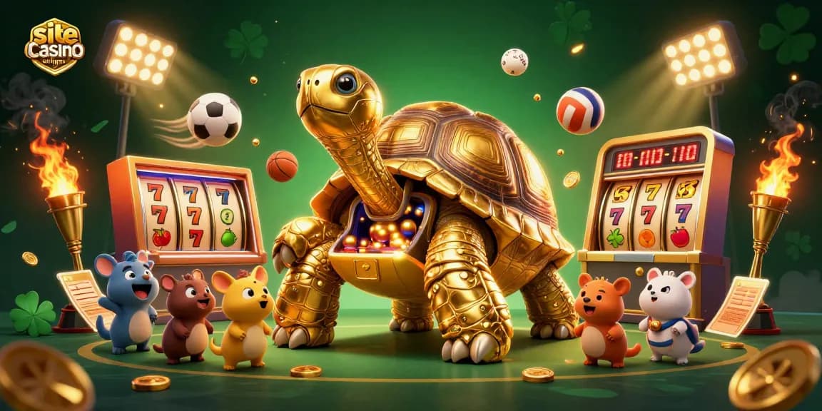 Jouez sur un site casino en ligne avec une tortue d'or massive en forme de machine à sous entourée de pièces et de ballons sportifs.
