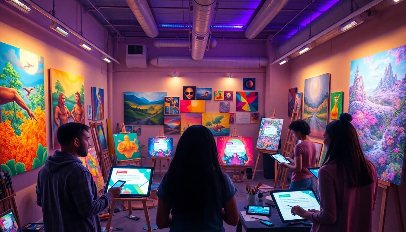 Image to prompt generator translating artwork into creative prompts in a modern artist's studio.