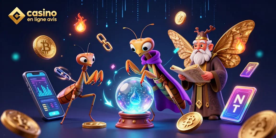 Voyez l'illustration captivante de notre avis sur les casinos en ligne avec des éléments de jeu animés.