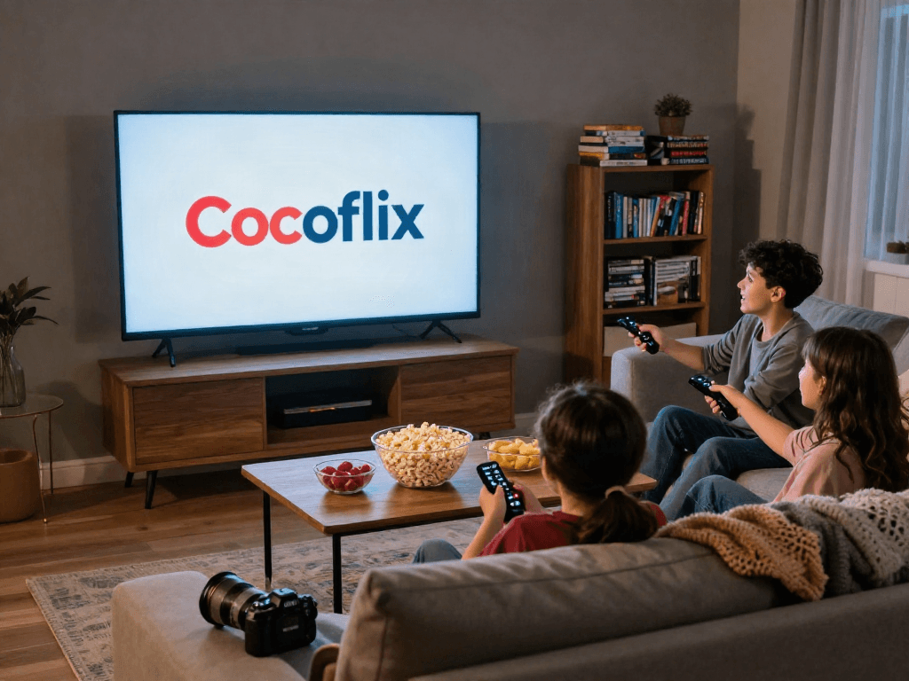Cocoflix movie night setup with family enjoying a cozy home theater experience.