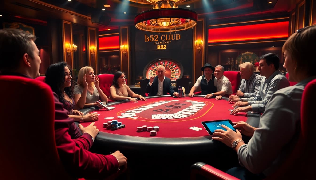 B52club players strategizing at a lively poker table with vibrant chips and cards.