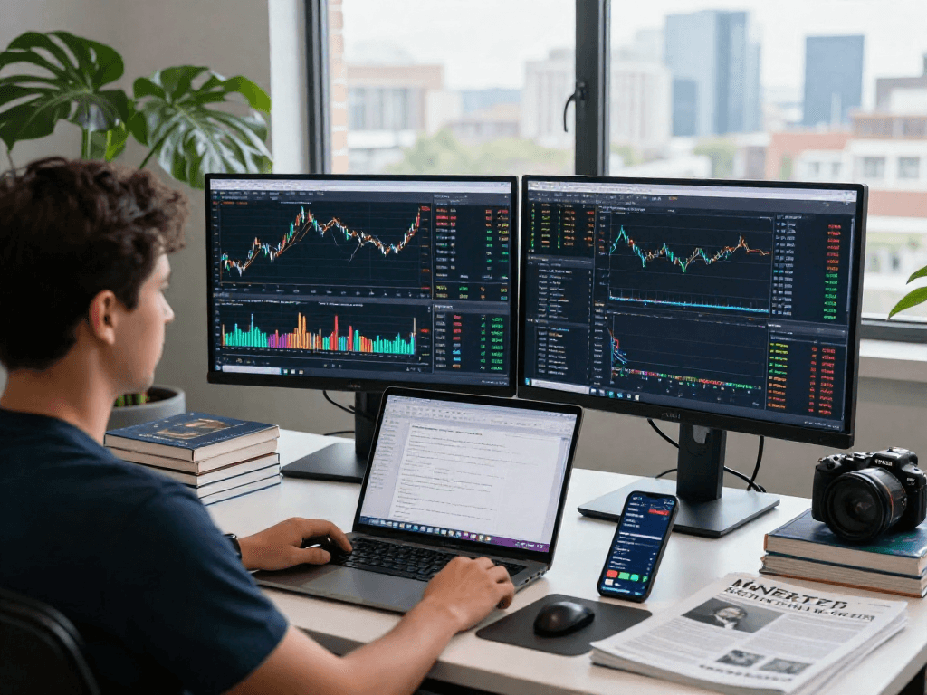 使用TradingView进行股票和加密货币分析的交易员在现代办公桌前，实时监控市场动态。