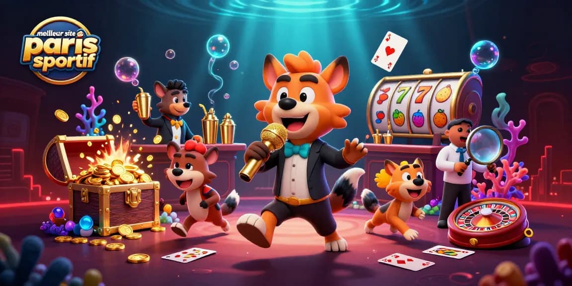 Visuel dynamique du meilleur site de paris sportif avec des hyènes animées en pleine action dans un casino comique coloré.
