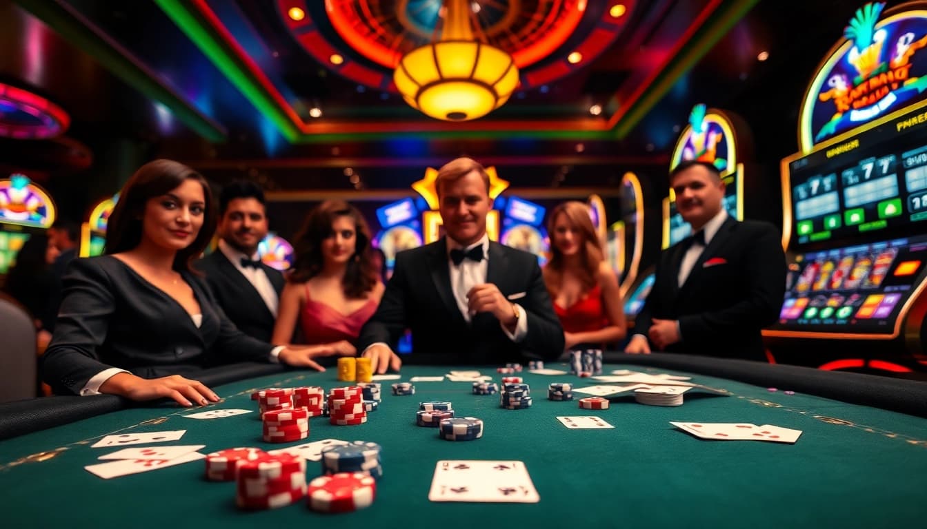 Action de jeu excitante dans un casino en ligne argent réel avec des jetons de poker et des machines à sous vibrantes.