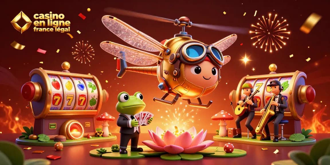Casino en ligne France légal avec un pilote libellule et un croupier grenouille au casino.