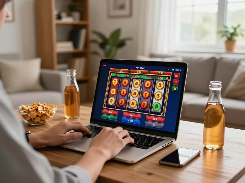 Enjoying situs slot gaming on a laptop in a cozy living space with snacks and warm lighting.