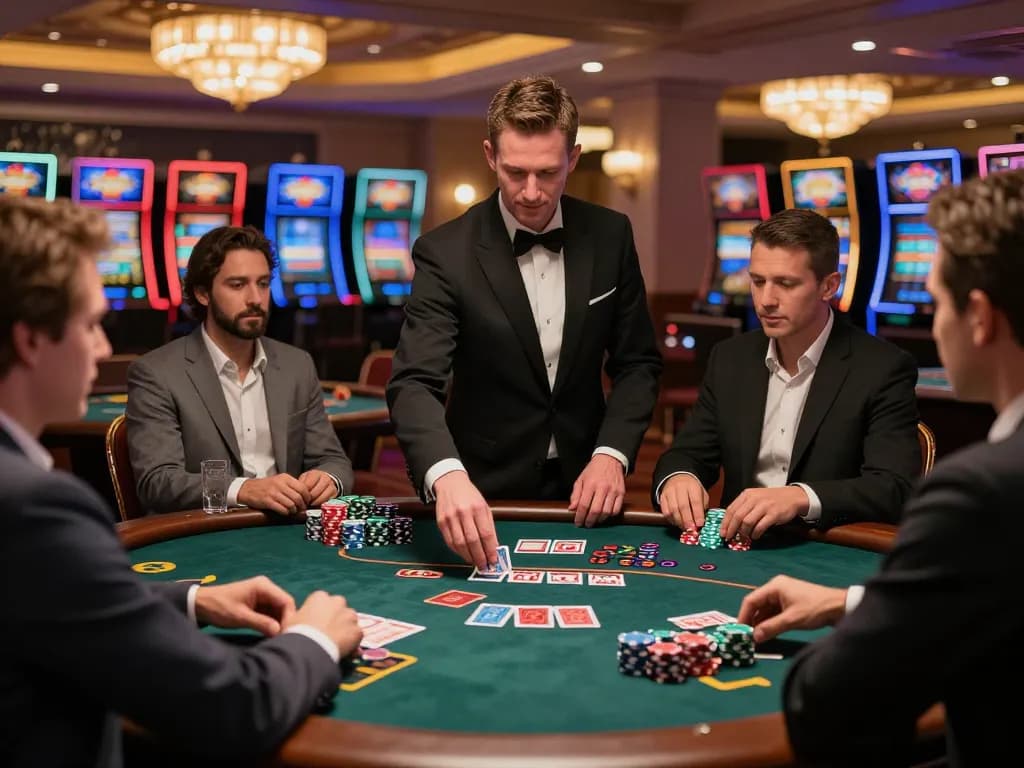 Players placing bets at 123b blackjack table in a luxurious casino setting