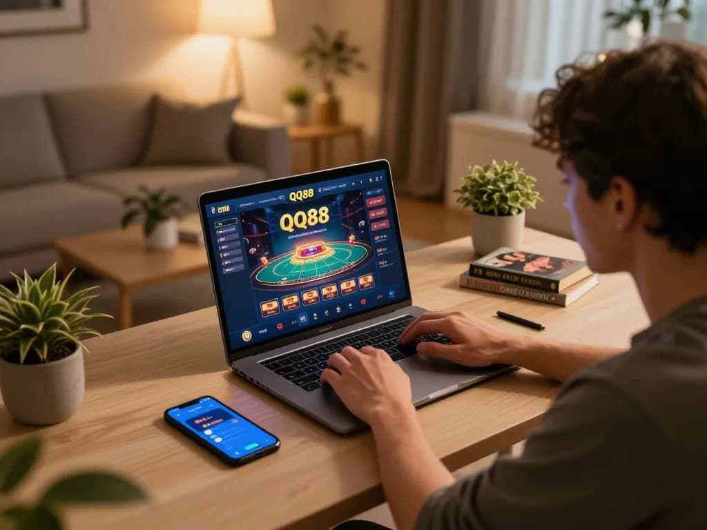 Engaging online gamer interacting with the QQ88 platform on a laptop in a cozy setting