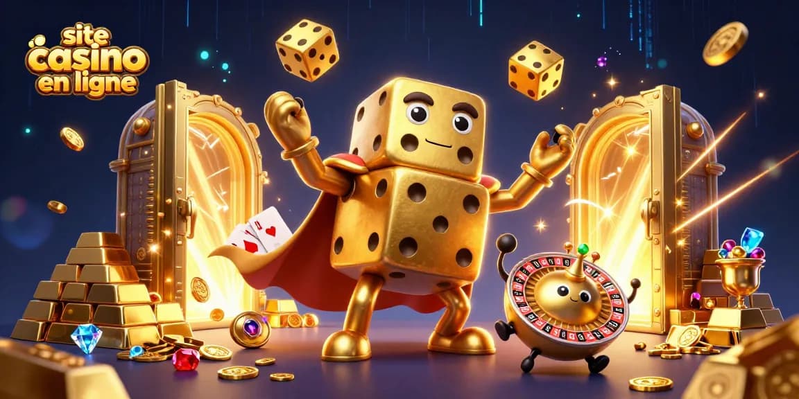 Illustration d'un site casino en ligne mettant en scène des dés dorés et des trésors étincelants.