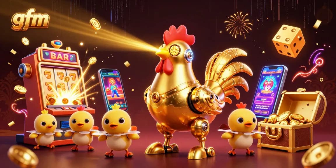 Engage with gfm's thrilling slot experience featuring a golden rooster and baby chick drones amidst dazzling jackpots.