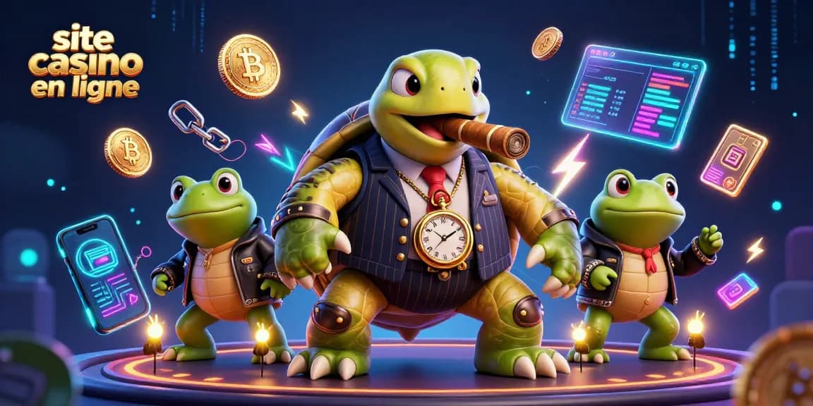 Une illustration 3D d'une tortue massive en costume de gangster sur un site de casino en ligne, entourée de grenouilles taureaux, Bitcoin et Ethereum.