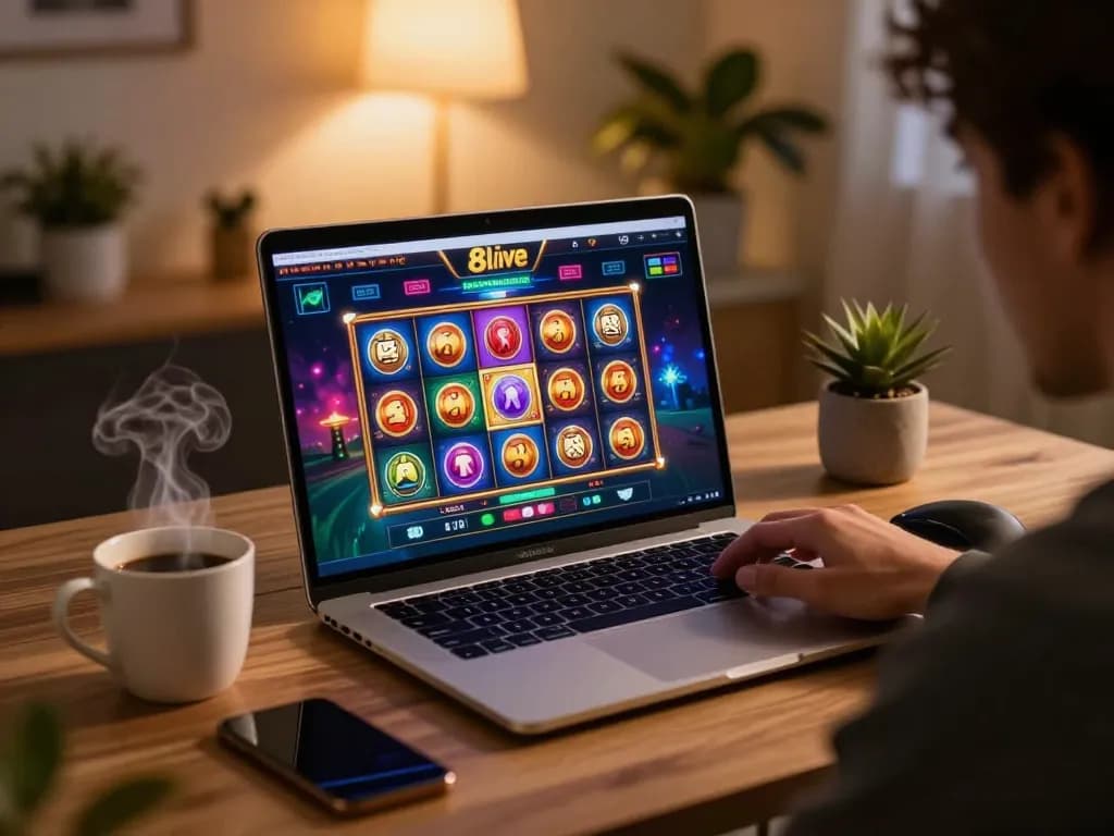 Enjoying an exciting session on the 8live online casino with vibrant slots and strategic planning.