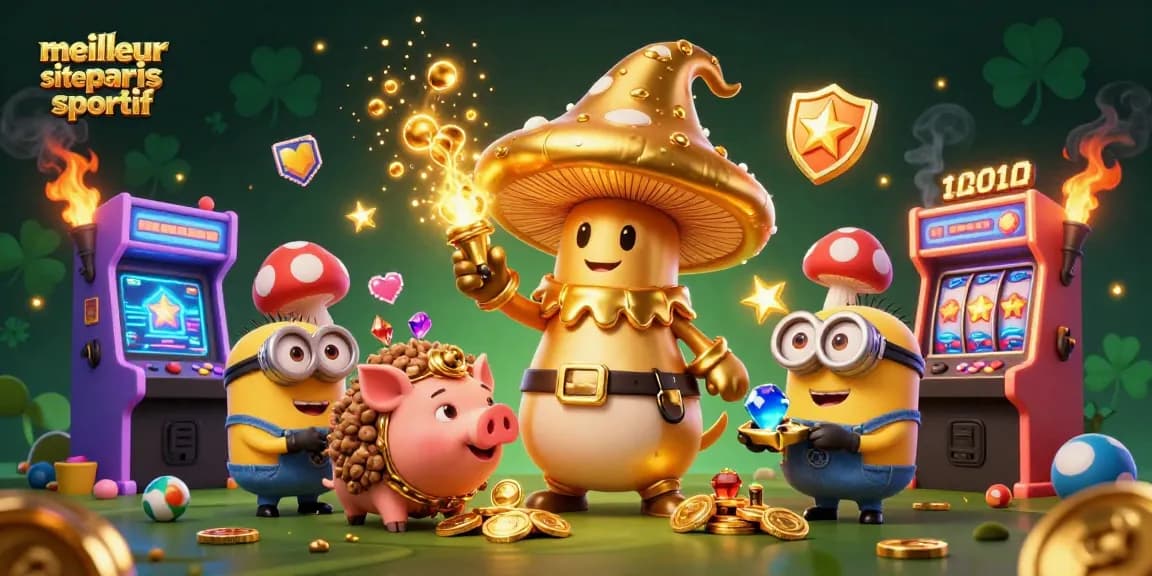 Illustration colorée du meilleur site de paris sportif mettant en scène un sorcier champignon doré, un cochon truffier et des lutins avec des joyaux.