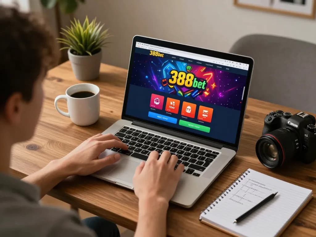 Engaging online gaming scene with 388bet interface, laptop, and betting strategies.