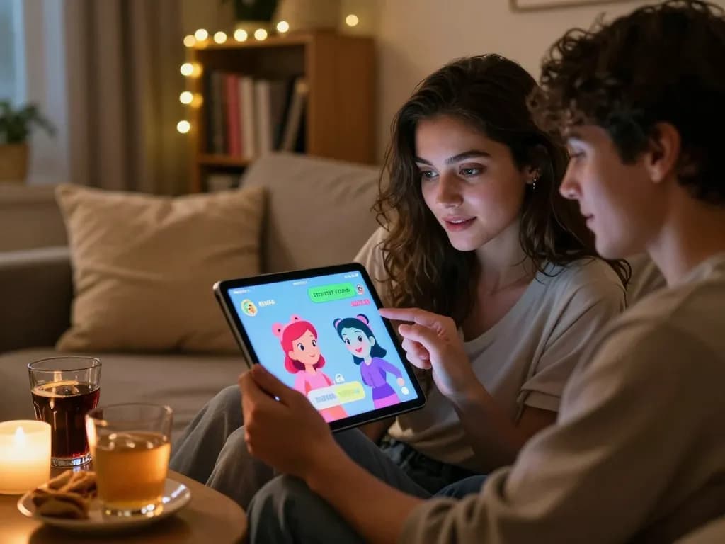 Engaging NSFW AI chat scene with a woman using a tablet in a cozy, intimate setting.