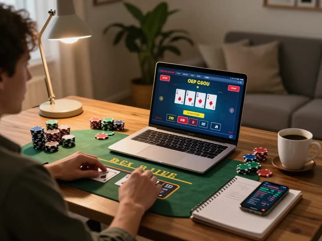 Player engaging in online blackjack on laptop at home with casino elements, showcasing pub88 gaming experience.