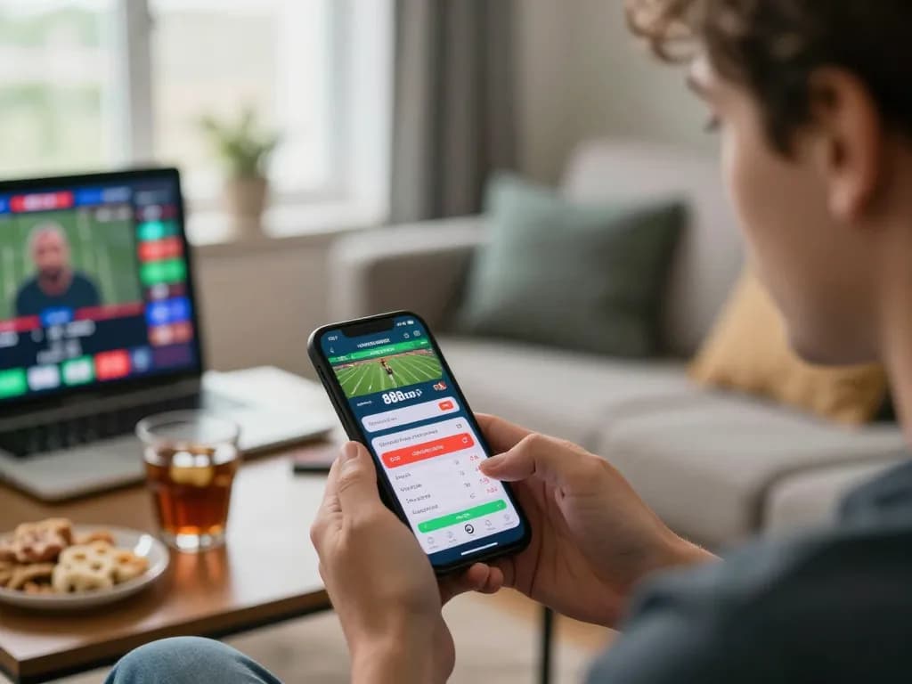 Engaging in live sports betting on 888top app while enjoying a comfortable home setting