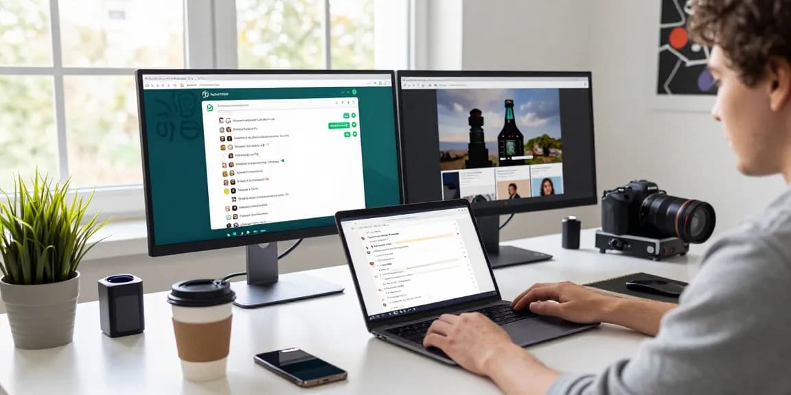 Engaged user accessing WhatsApp網頁版 on laptop in a vibrant, modern workspace.