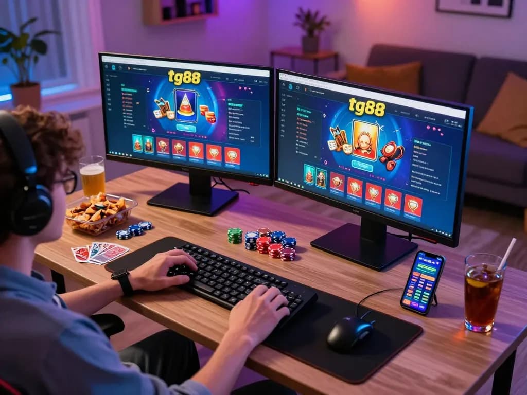 Engaging player interacting with tg88 casino online interface, showcasing vibrant gameplay and strategic betting.