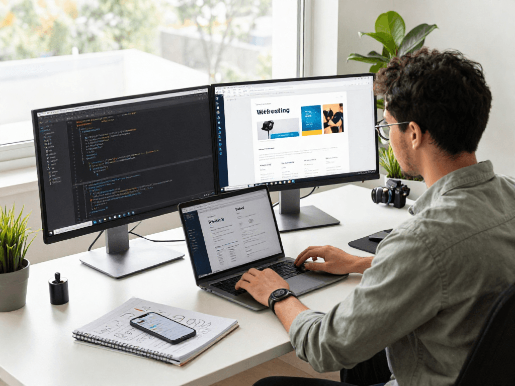 Trabajo en un espacio de desarrollo tecnológico con hosting en México, programador frente a monitores y laptop.