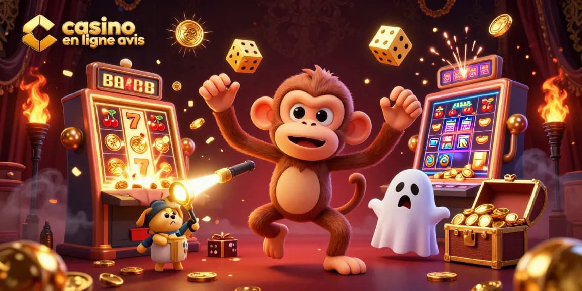 Explorez l'univers du casino en ligne avis avec un singe poltergeist joueur et un chiot chasseur de fantômes.