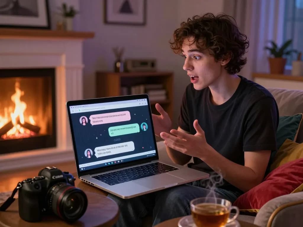 Person enjoying engaging sex chat AI conversation on a laptop in cozy study with mood lighting.
