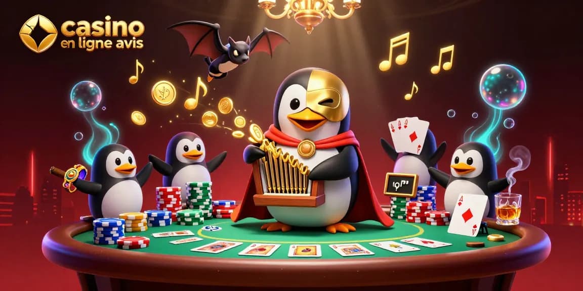 Illustration de casino en ligne avis, un pingouin jouant de l'orgue, des jetons et des cartes de poker.