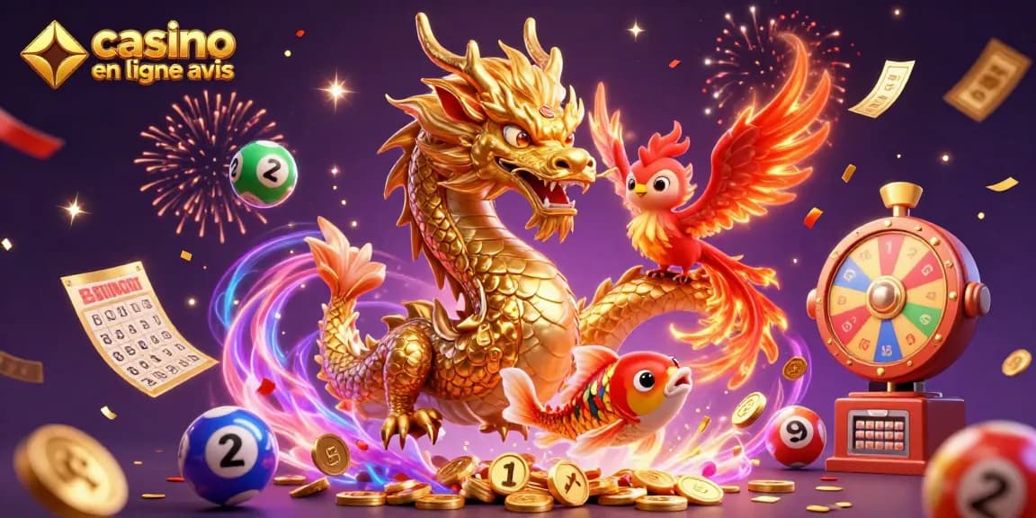 Vivez l'expérience des jeux avec notre illustration captivante sur les avis de casino en ligne, comprenant des dragons et des objets de loterie.