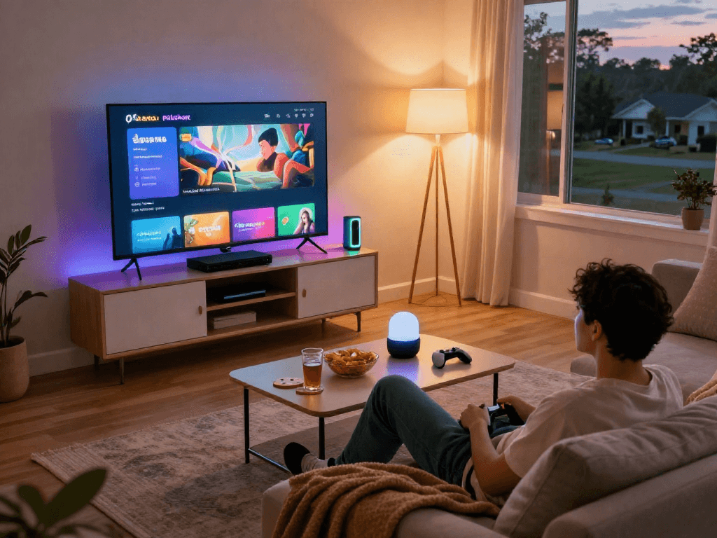 Enjoying Pikashow on a cozy couch with modern tech setup.