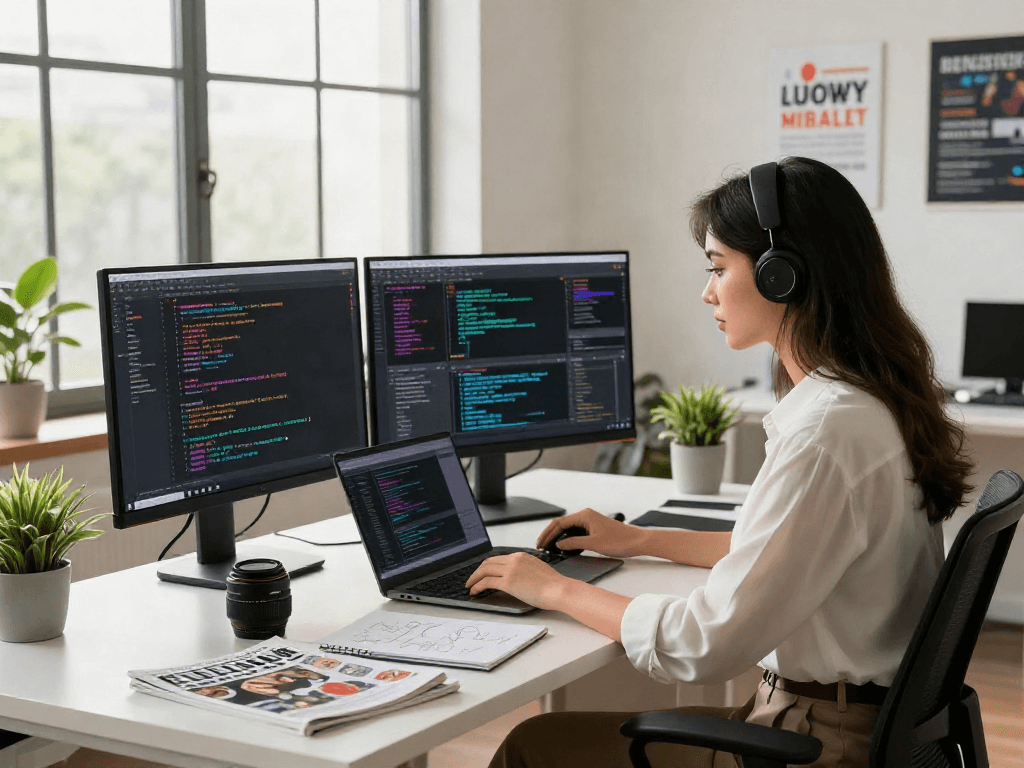 Young woman coding an nsfw ai application in a modern tech workspace, showcasing innovation and creativity.