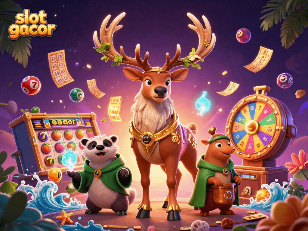 Putaran slot gacor dengan simbol berwarna cerah dan karakter fantastis dalam ilustrasi mendebarkan.