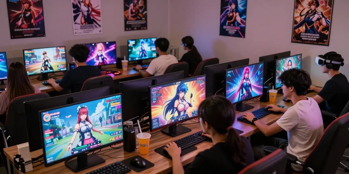 Players immersed in an ecchi simulator game in a cozy gaming lounge, showcasing interactive adult content.