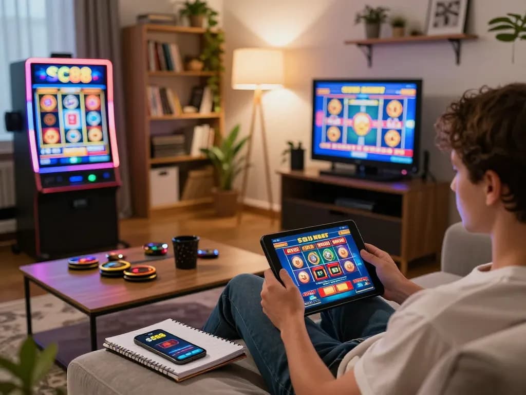 Playing sc88 casino games on a tablet in a cozy home setting with vibrant visuals