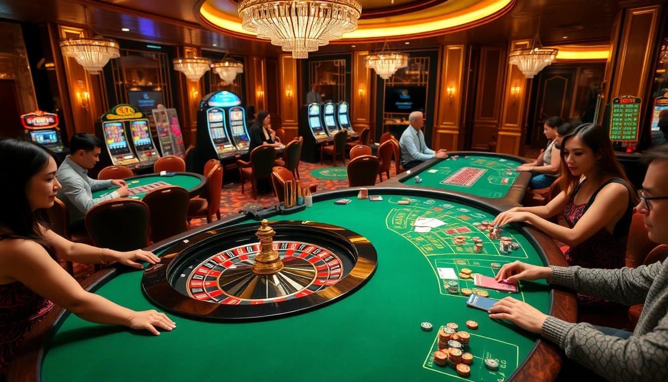 Experience the thrill of f8bet in an exciting casino scene with players at roulette and poker tables.