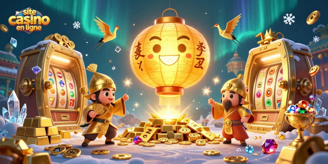 Profitez d'un site casino en ligne avec des personnages en 3D inspirés des lanternes au-dessus d'un casino vibrant.