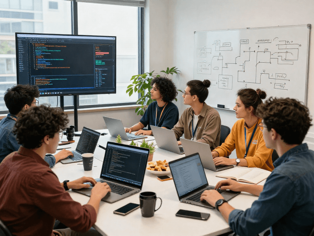 Document fraud detection software team collaborating in modern office.