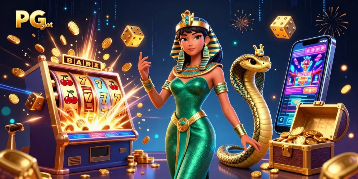 Spin vibrant PG slot reels with a dazzling woman, golden cobra, and jackpot thrills.