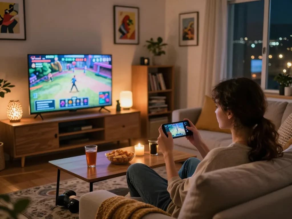 Couple enjoying interactive porn games online in cozy living room setting