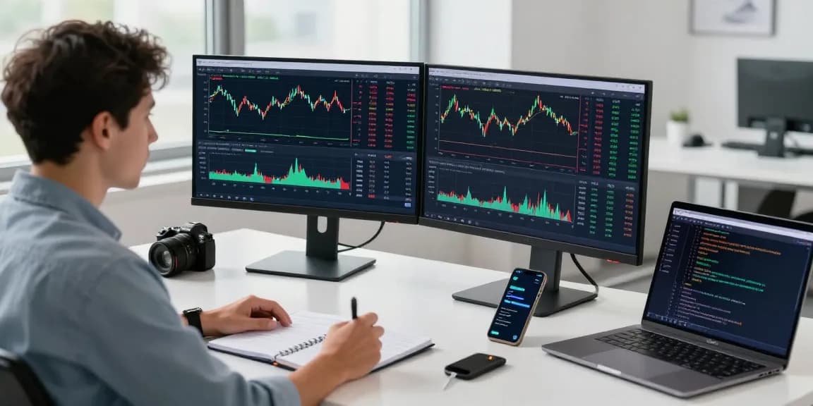 Trader analyzing MT5 charts and data in a modern office with multiple screens.