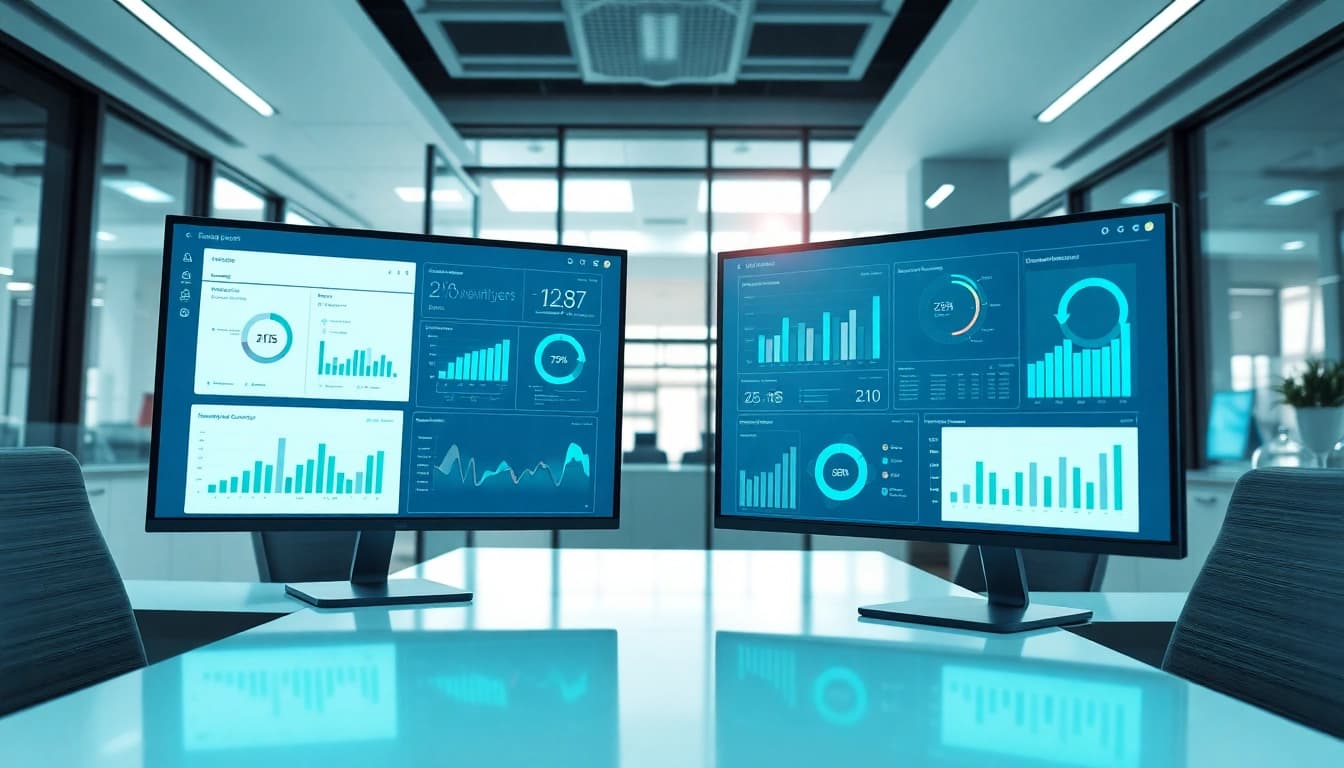 Illustration of enterprise assistant SaaS software in a dynamic office environment highlighting user analytics.