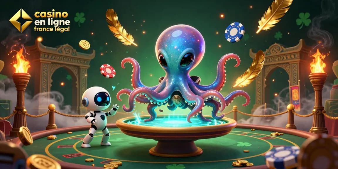 Jouez dans un casino en ligne légal en France avec un croupier pieuvre extraterrestre et des éléments de jeu vibrants.